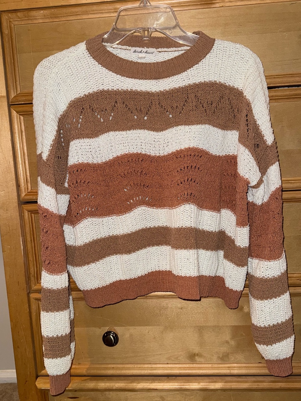 Derek Heart Cream and Brown Striped Crochet Sweater